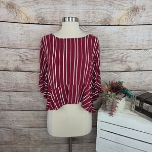 5/$25 Eyeshadow‎ Burgundy White Striped Bell Sleeve Peplum Blouse Top XL